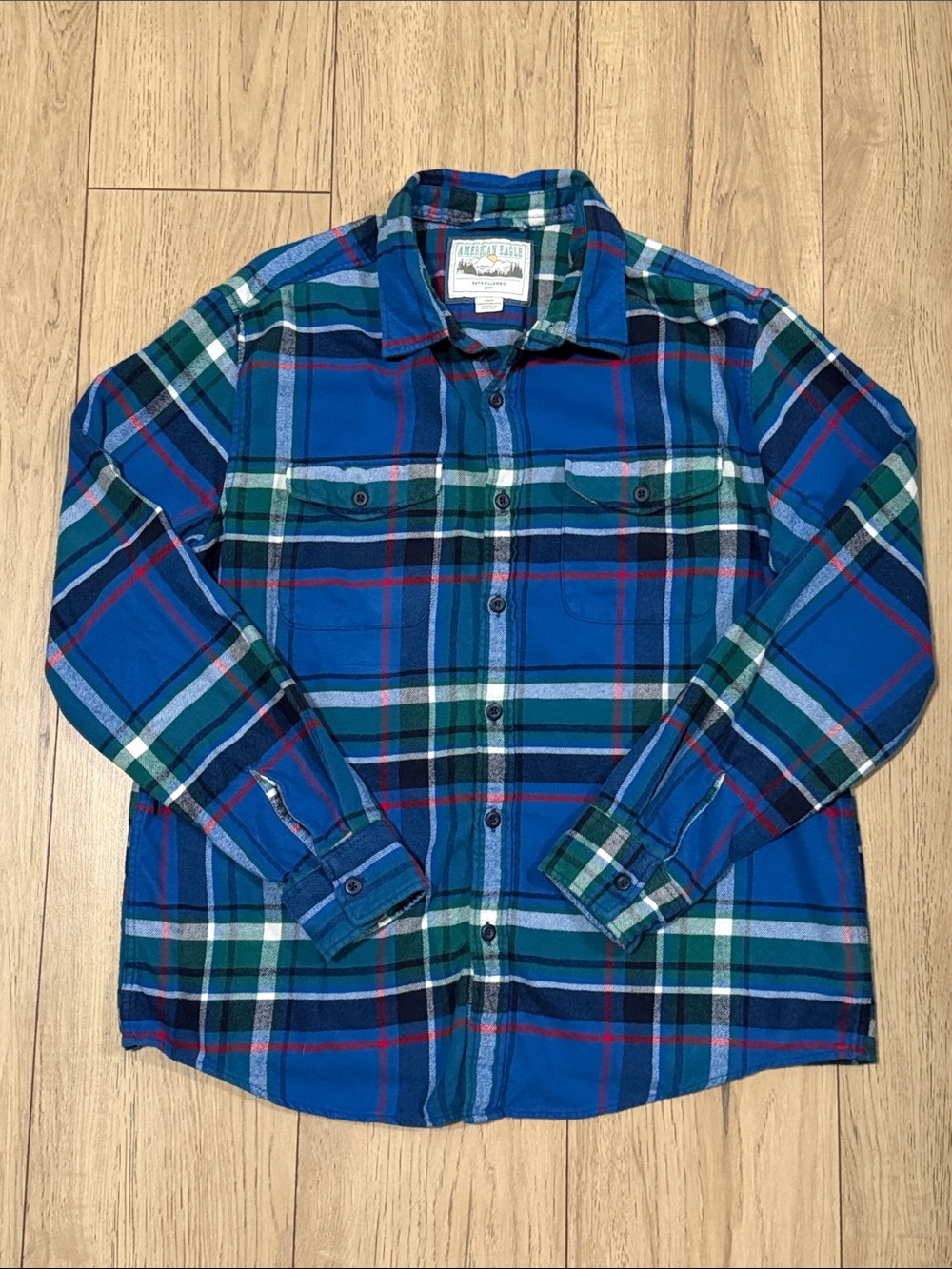 American Eagle Outfitters Blue and Green Plaid Button-Down Shirt Men’s Large